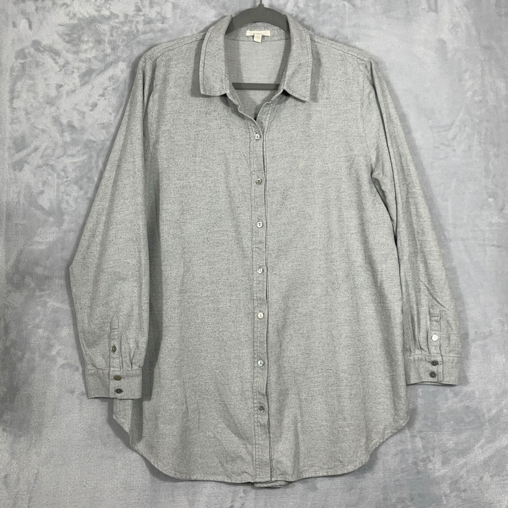 Eileen Fisher Top Button Up L Gray Organic Cotton Flannel Tunic Shirt Minimalist